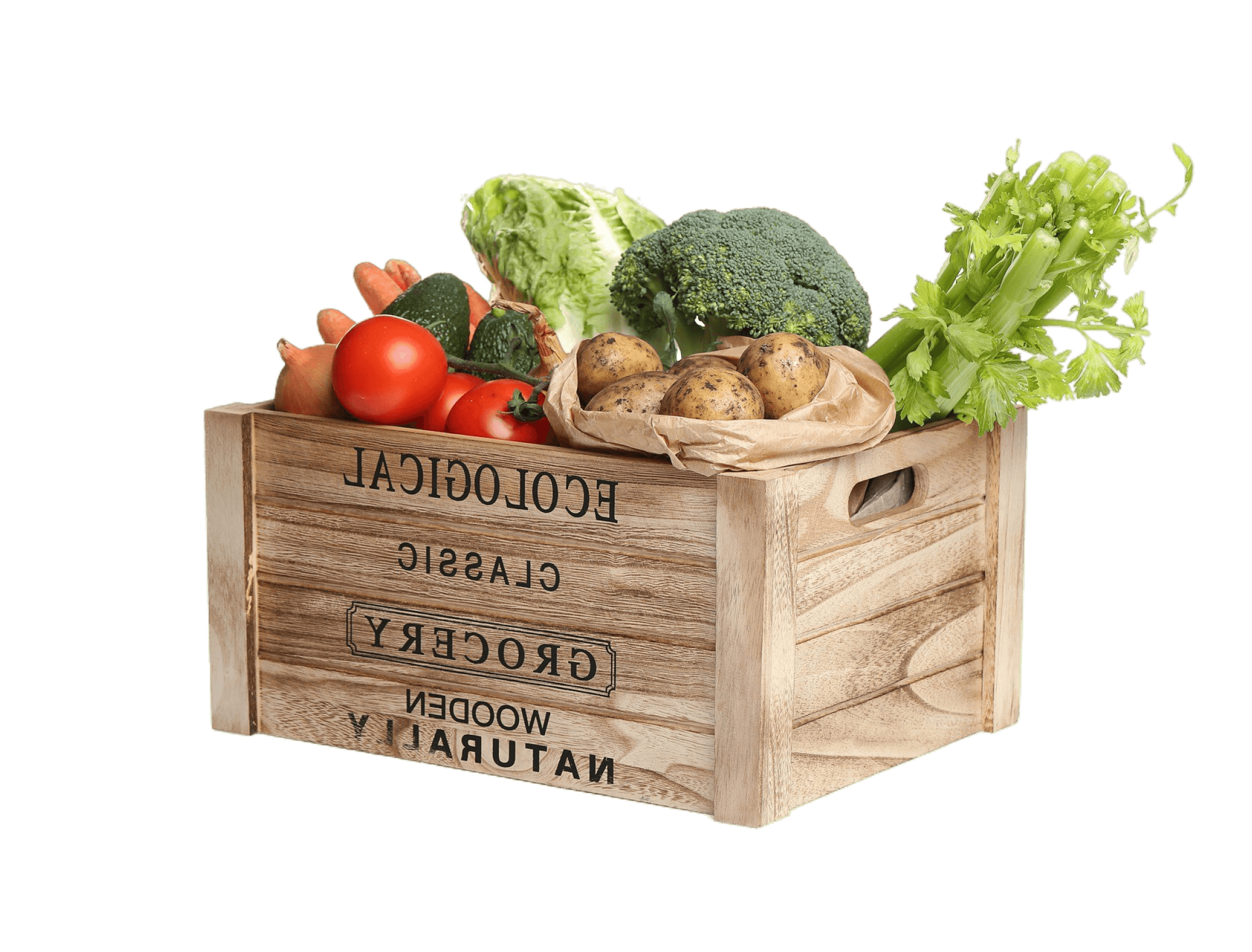 Wooden box filled with an assortment of freshly harvested vegetables grown in Minnesota